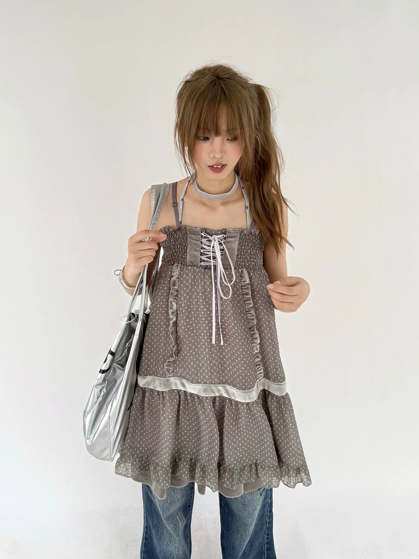 Polka Dot Patchwork Spaghetti Strap Dress