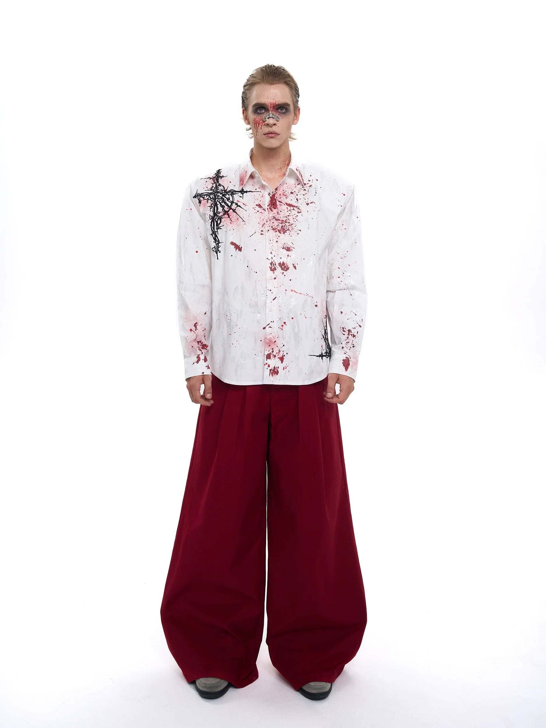 Bloodstain Foil Gothic Embroidery Shoulder-Pad Long Sleeve Shirt