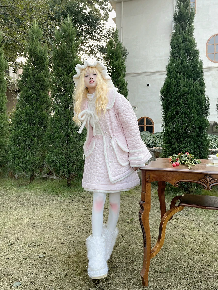 Flower Plush Bow Tie Puffer Jacket
