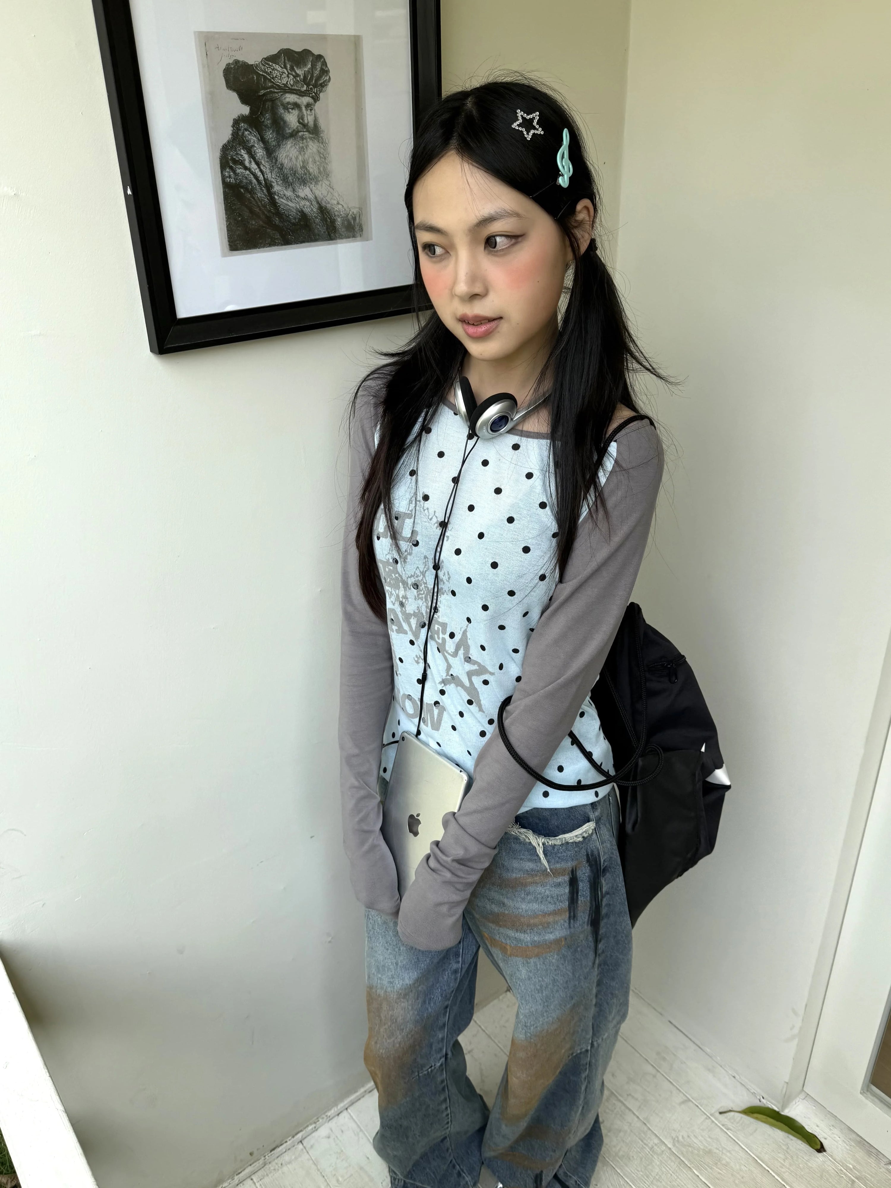 Polka Dot Letter Print Fake Layered Fitted Long Sleeve T-Shirt
