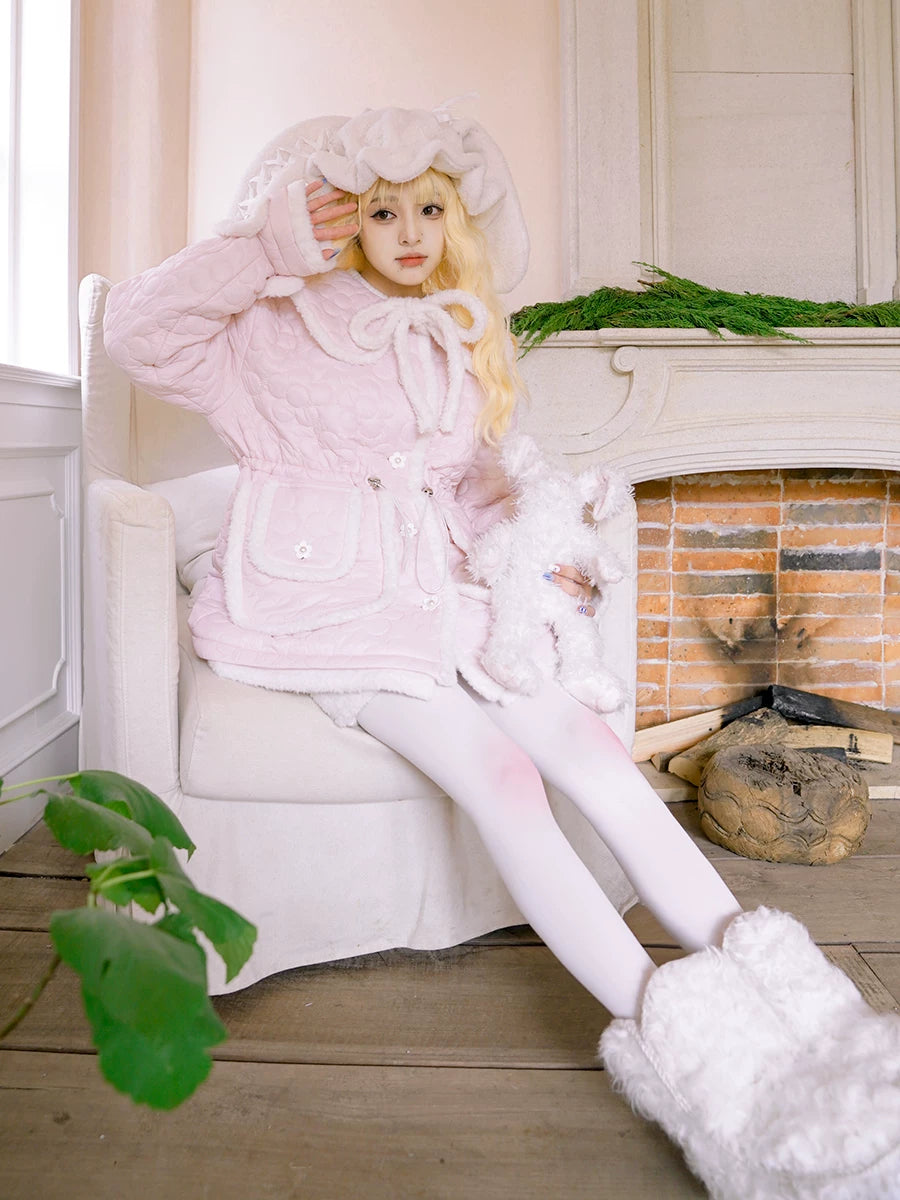 Flower Plush Bow Tie Puffer Jacket