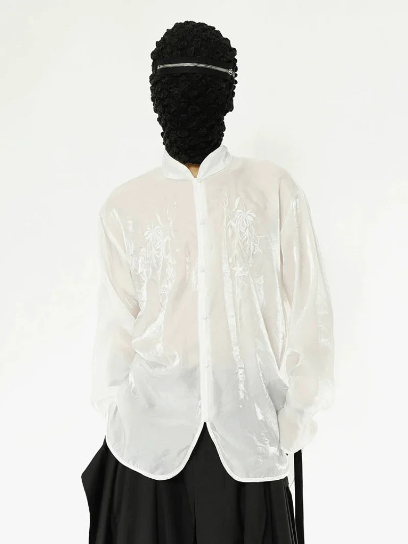 Organza Floral Embroidery Standing-Collar Long Sleeve Shirt