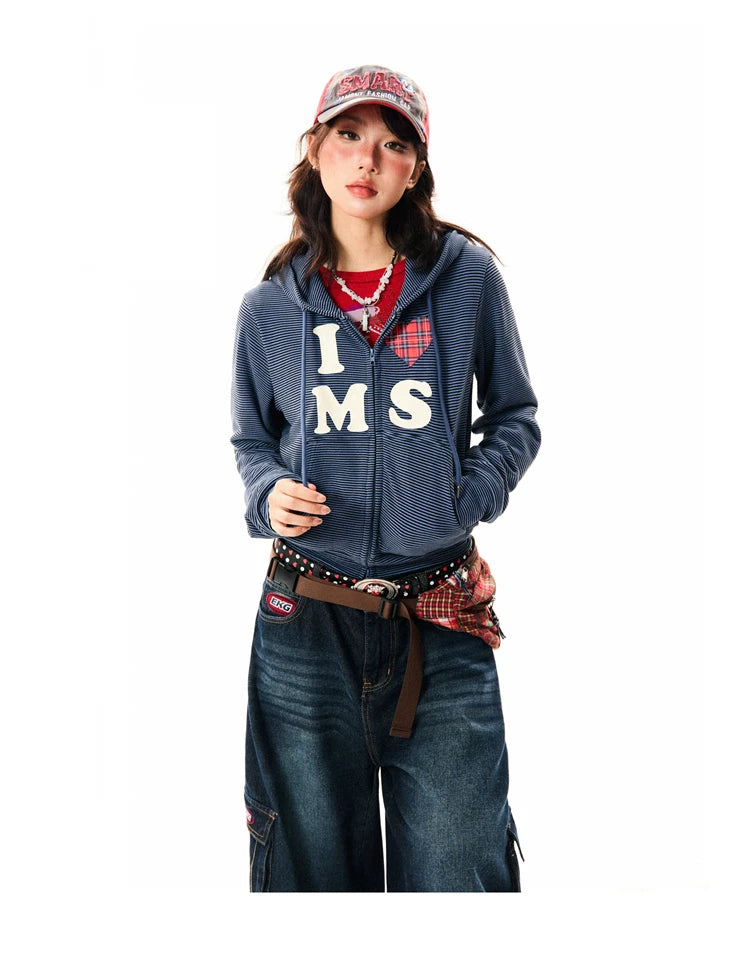 Heart Letter Print Stripe Cropped Zipper Hoodie