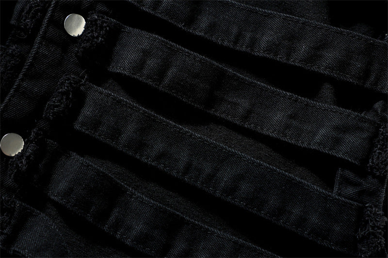 Gilet di jeans con cappuccio e scheletro traforato