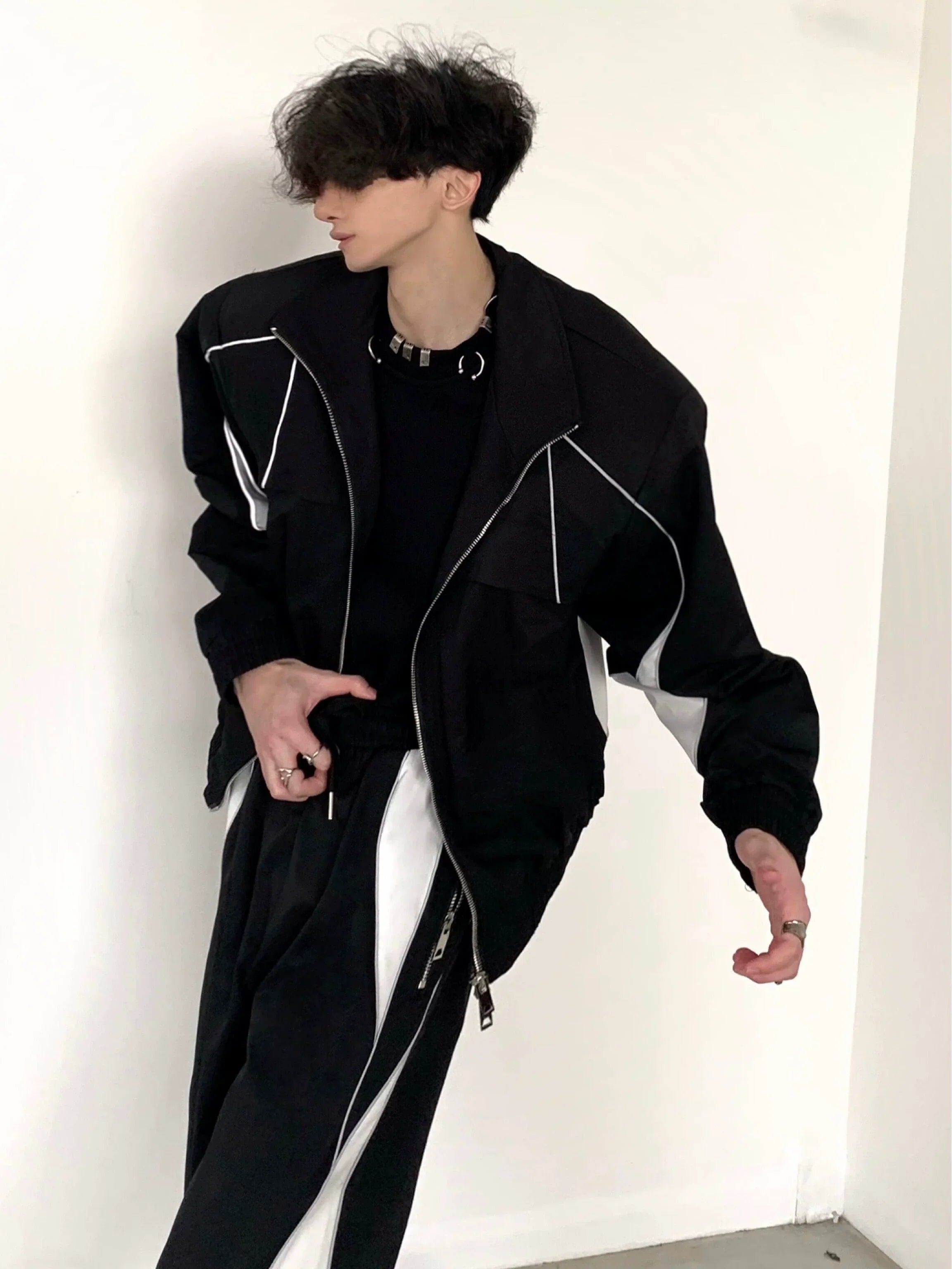 Zipper Shoulder Pad Sporty Jacket & Wide-Leg Pants Setup