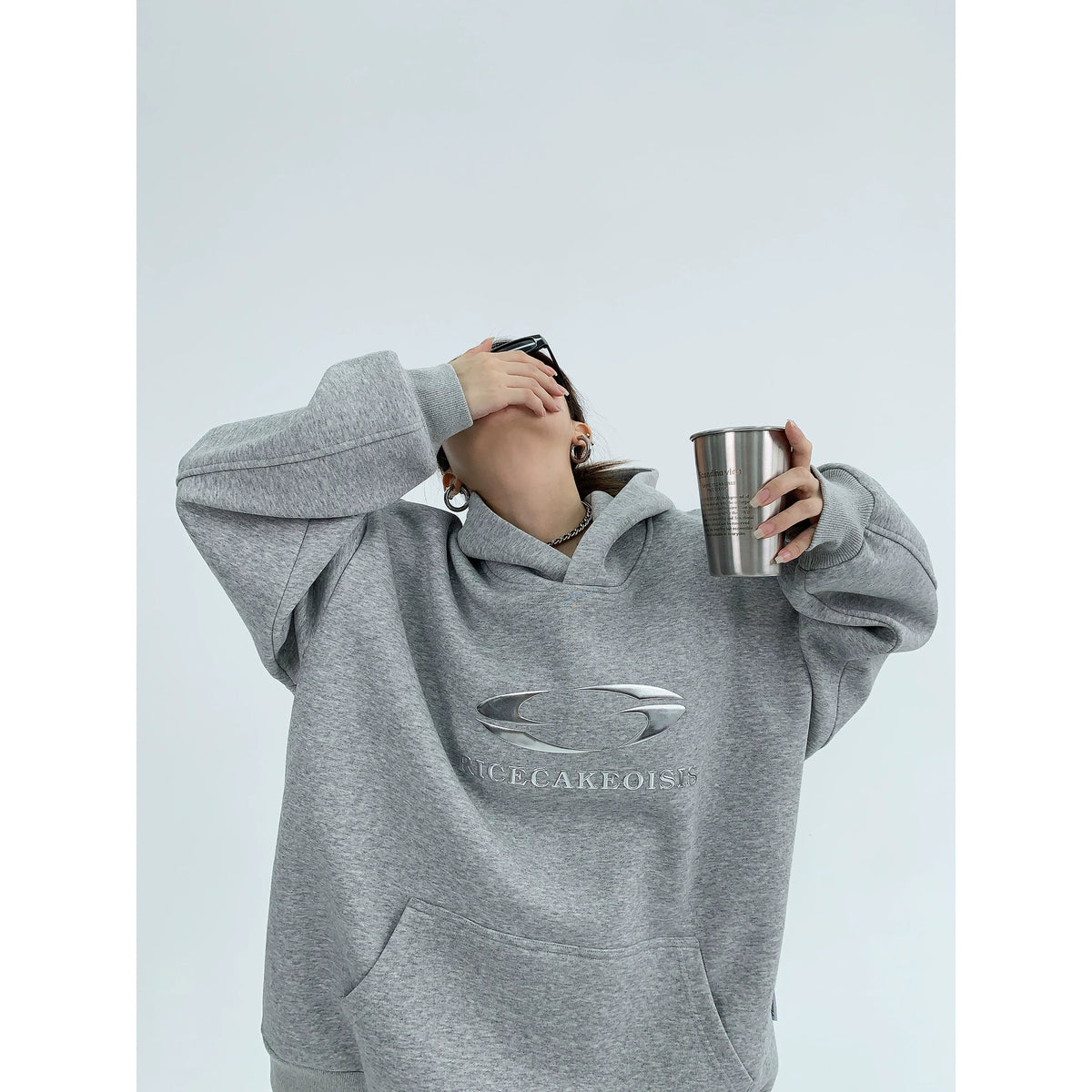Silver Logo Print Oversized Hoodie