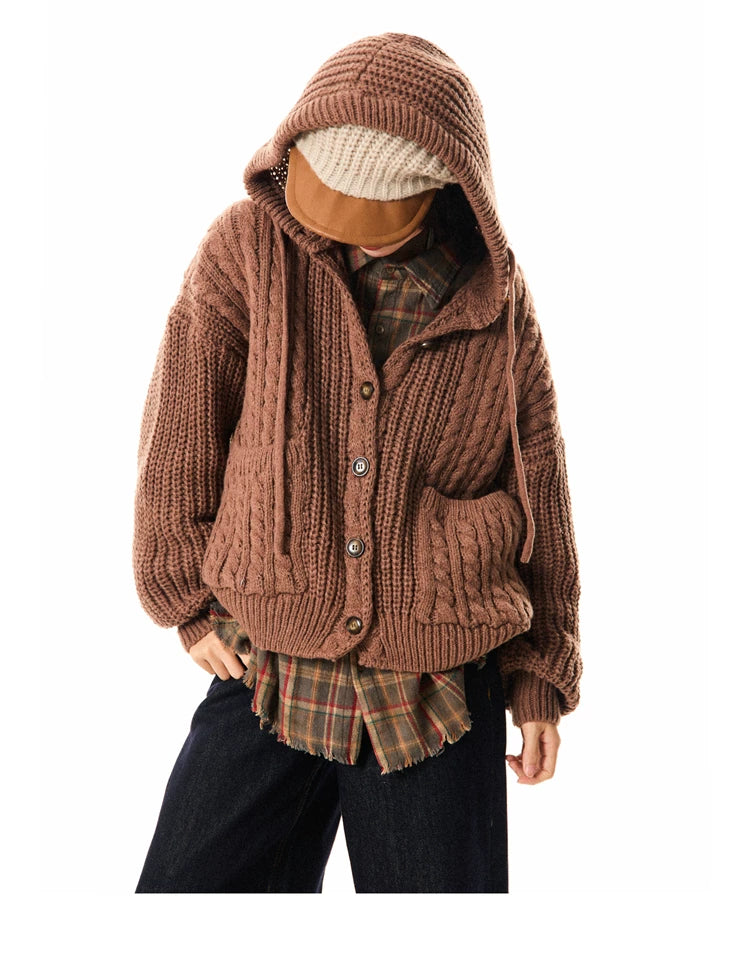 Hooded Button Oversize Cable Knit Cardigan