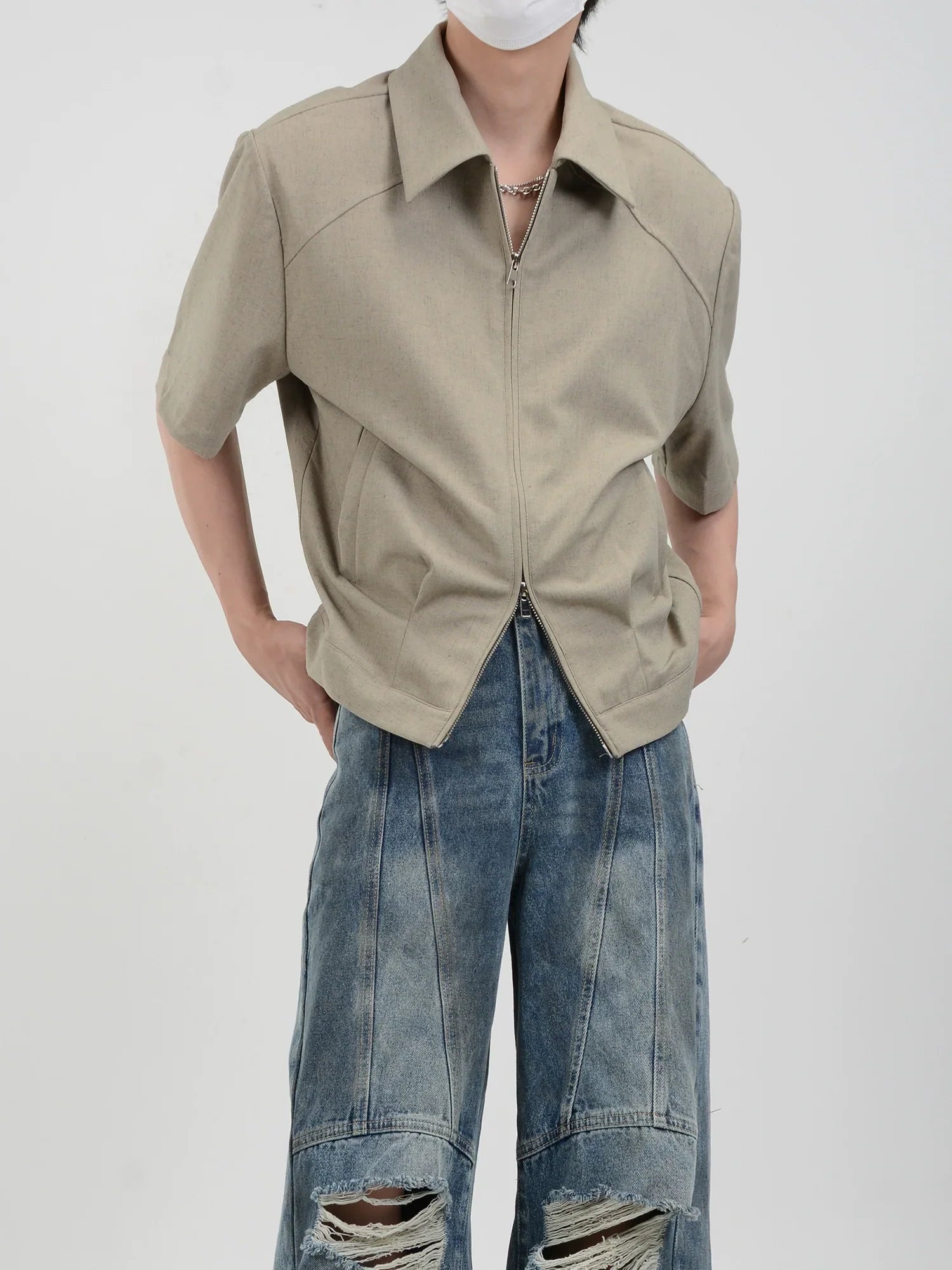 Double Zipper Shoulder Pads Short Sleeve Shirt