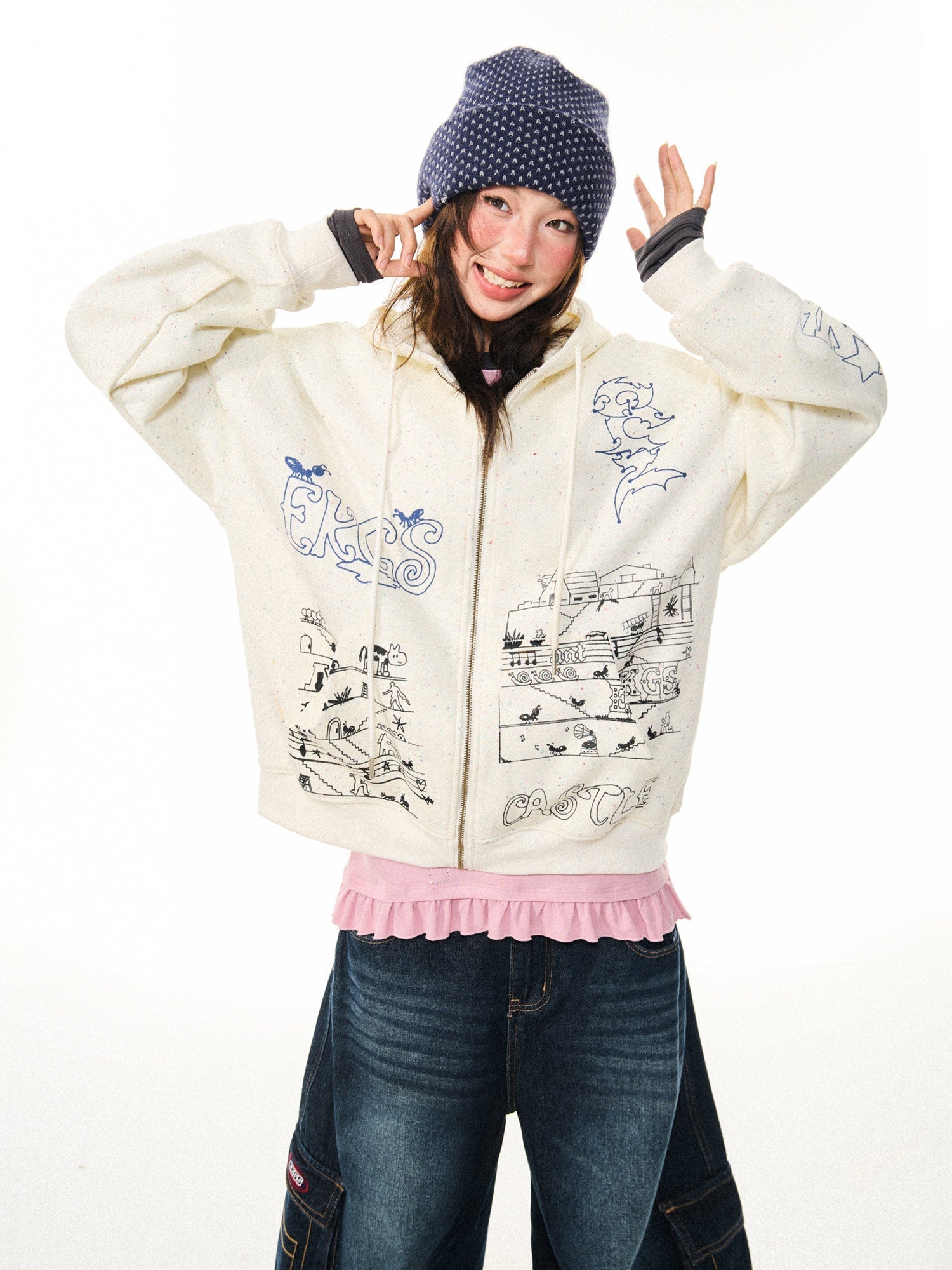 Graphic Print Oversize Zipper Hoodie