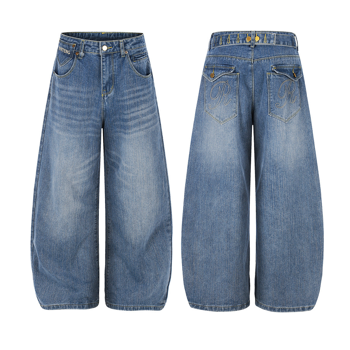 Washed Logo Embroidery Wide Leg Denim Jeans