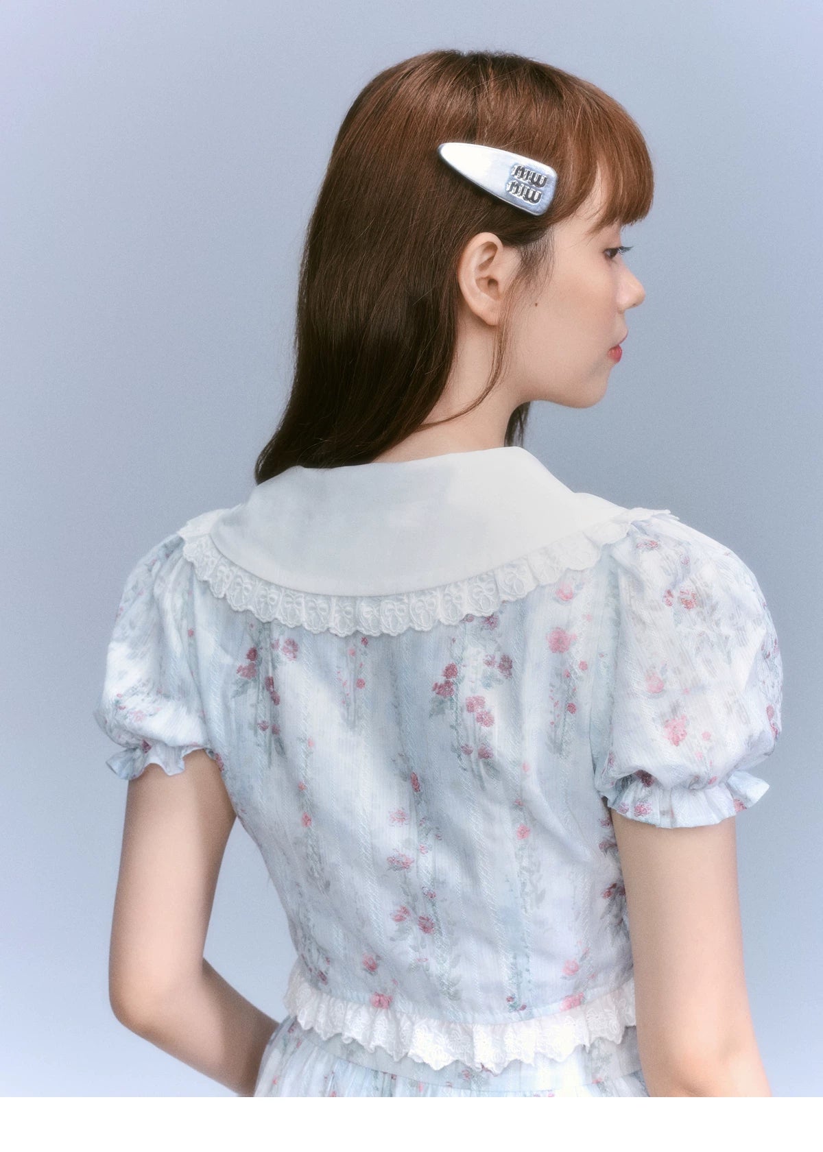 Floral-Print Blouse & Lace Trim Flared Skirt Setup