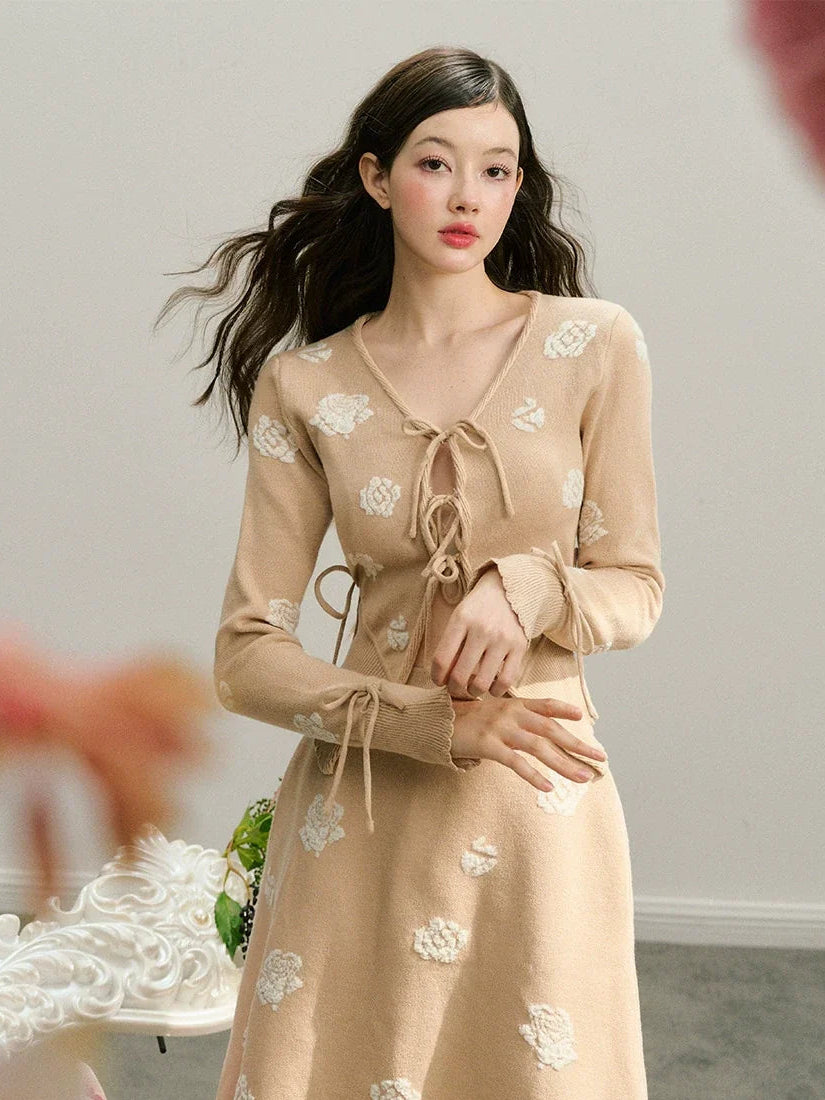 Rose Design Knit Cardigan & Knit Short Skirt Setup