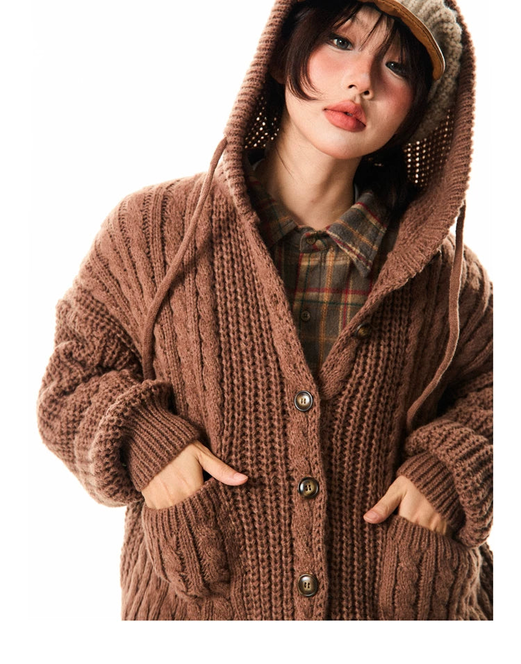 Hooded Button Oversize Cable Knit Cardigan