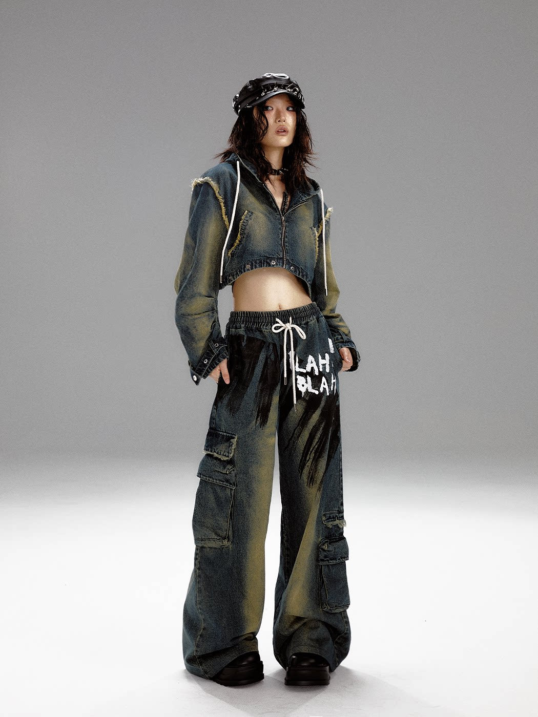 Washed Graffiti Wide-Leg Straight Dnim Jeans