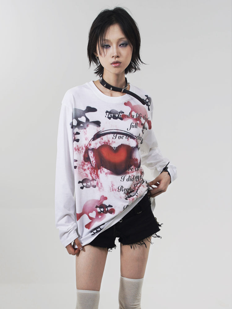 Heart Skull Print Long Sleeve T-Shirt
