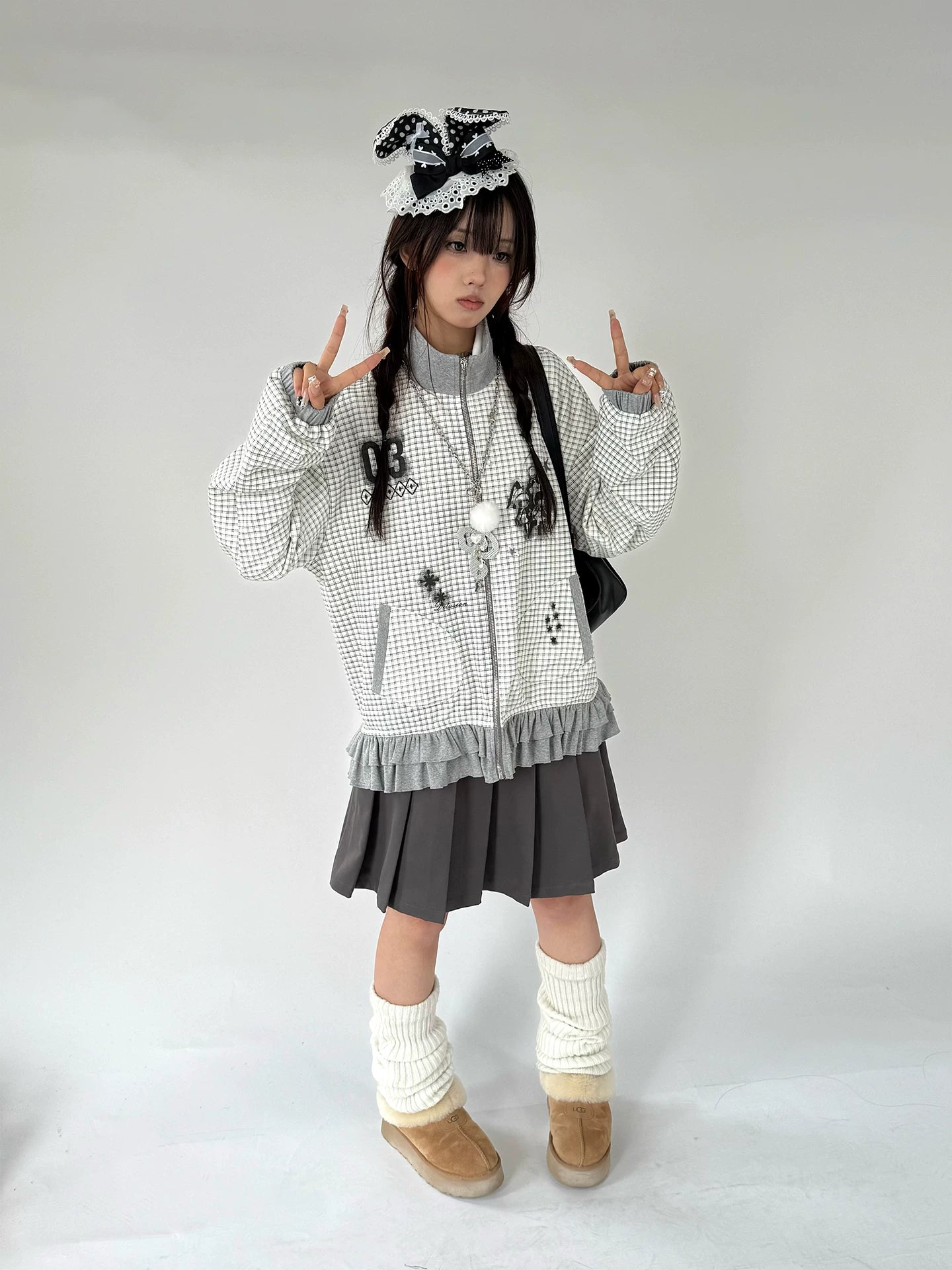 Checkered Ruffle Hem Oversize Zipper Hoodie