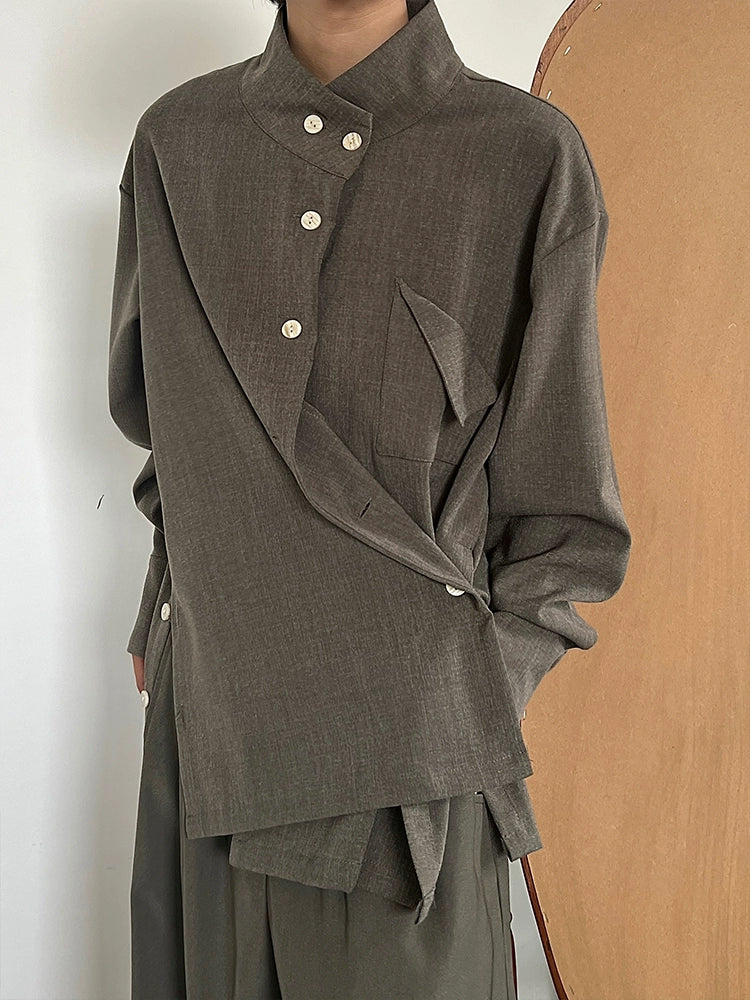 Standing-Collar Side Button Long Sleeve Shirt