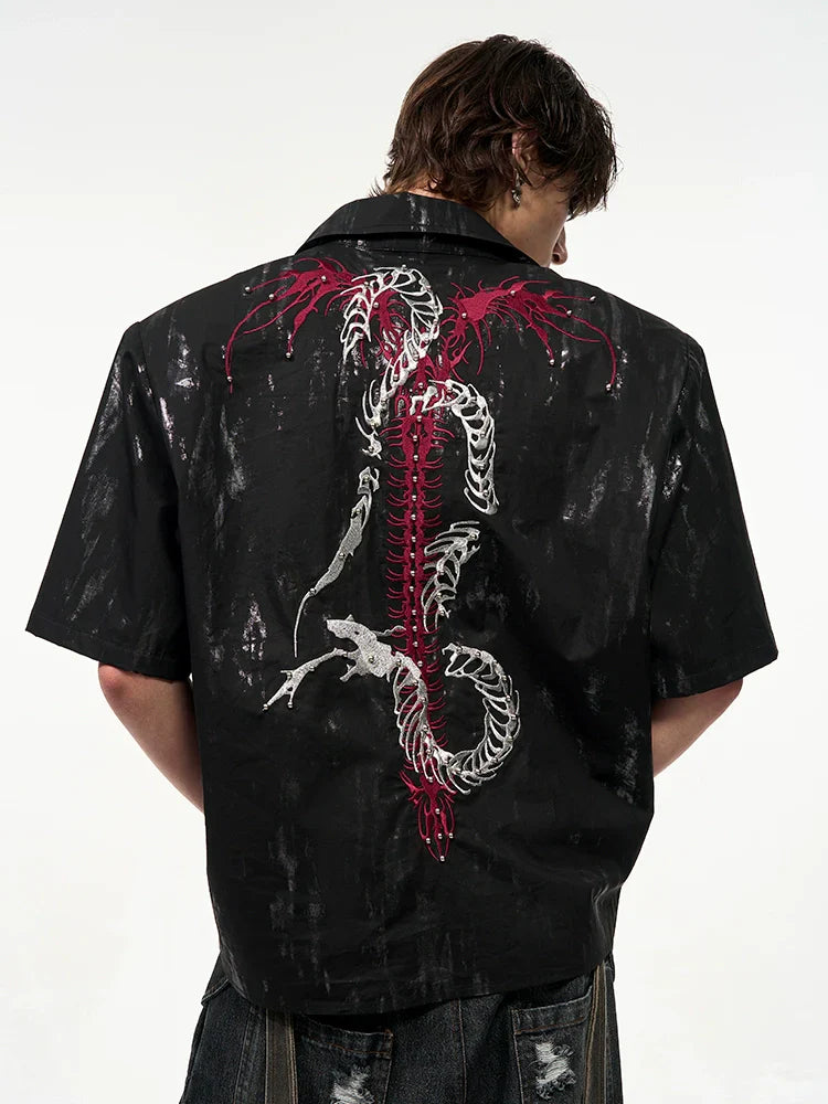Snake Spine Beaded Foil Print Shoulder-pad Short Sleeve Shirt