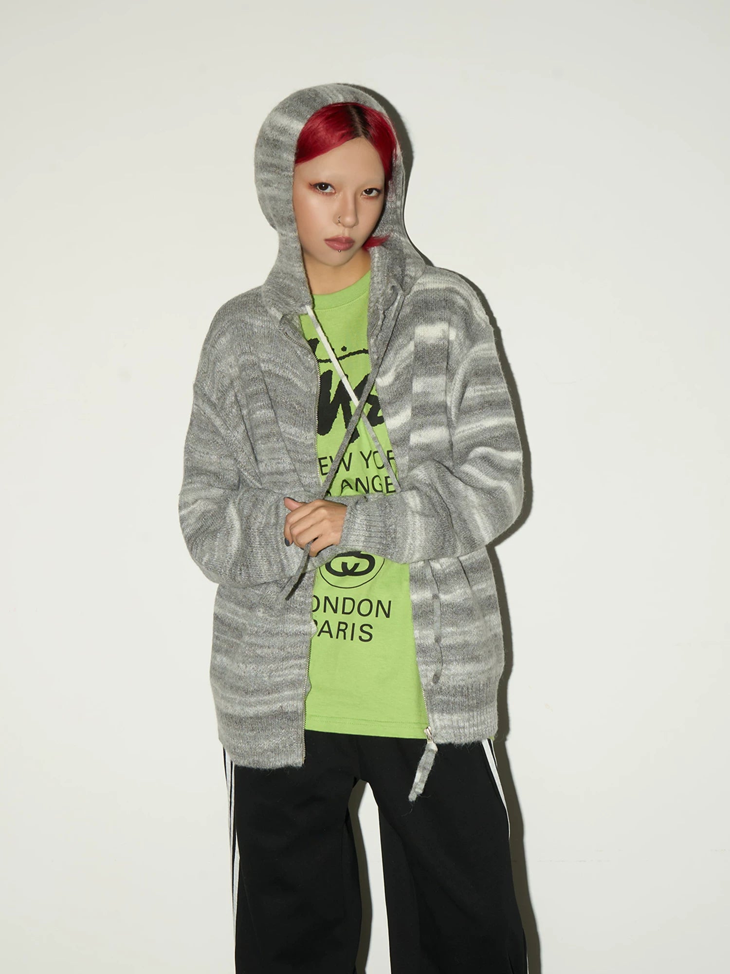 Stripe Hooded Zipper Knit Cardigan