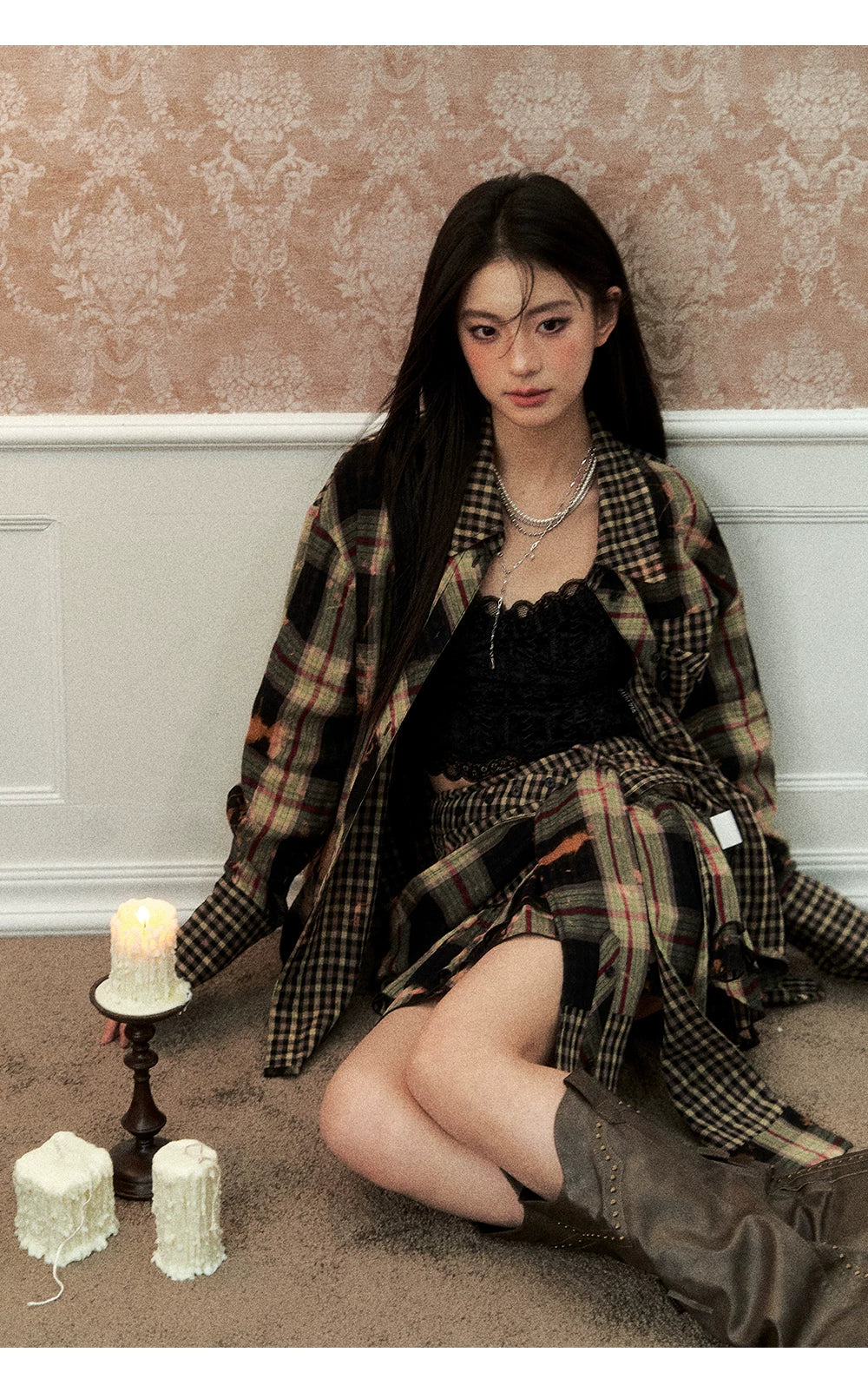 Oversize Plaid Long Sleeve Shirt & Short Skirt & Scarf Setup
