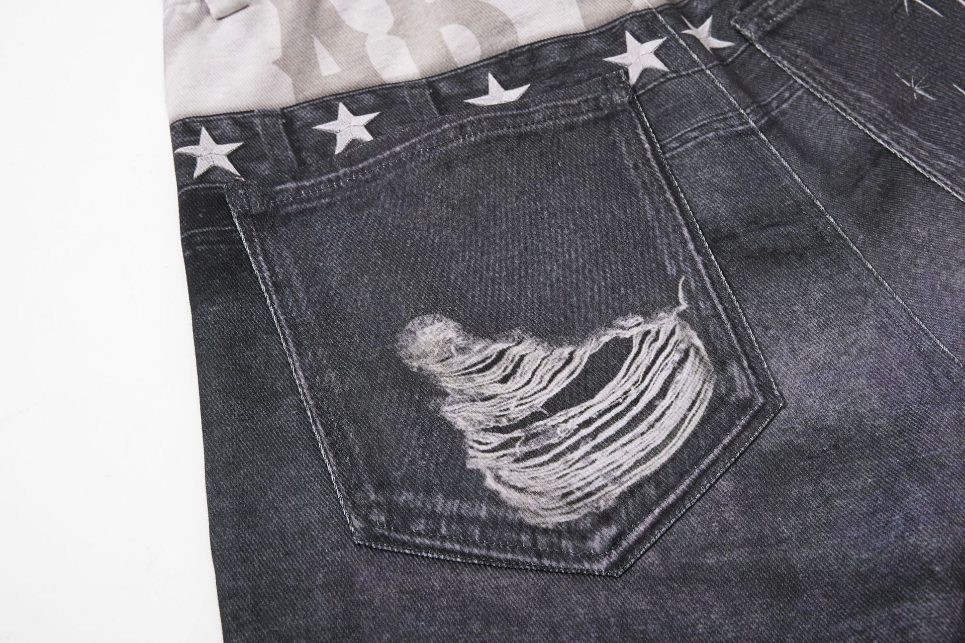 Star Damage Washed Wide Leg Denim Jeans