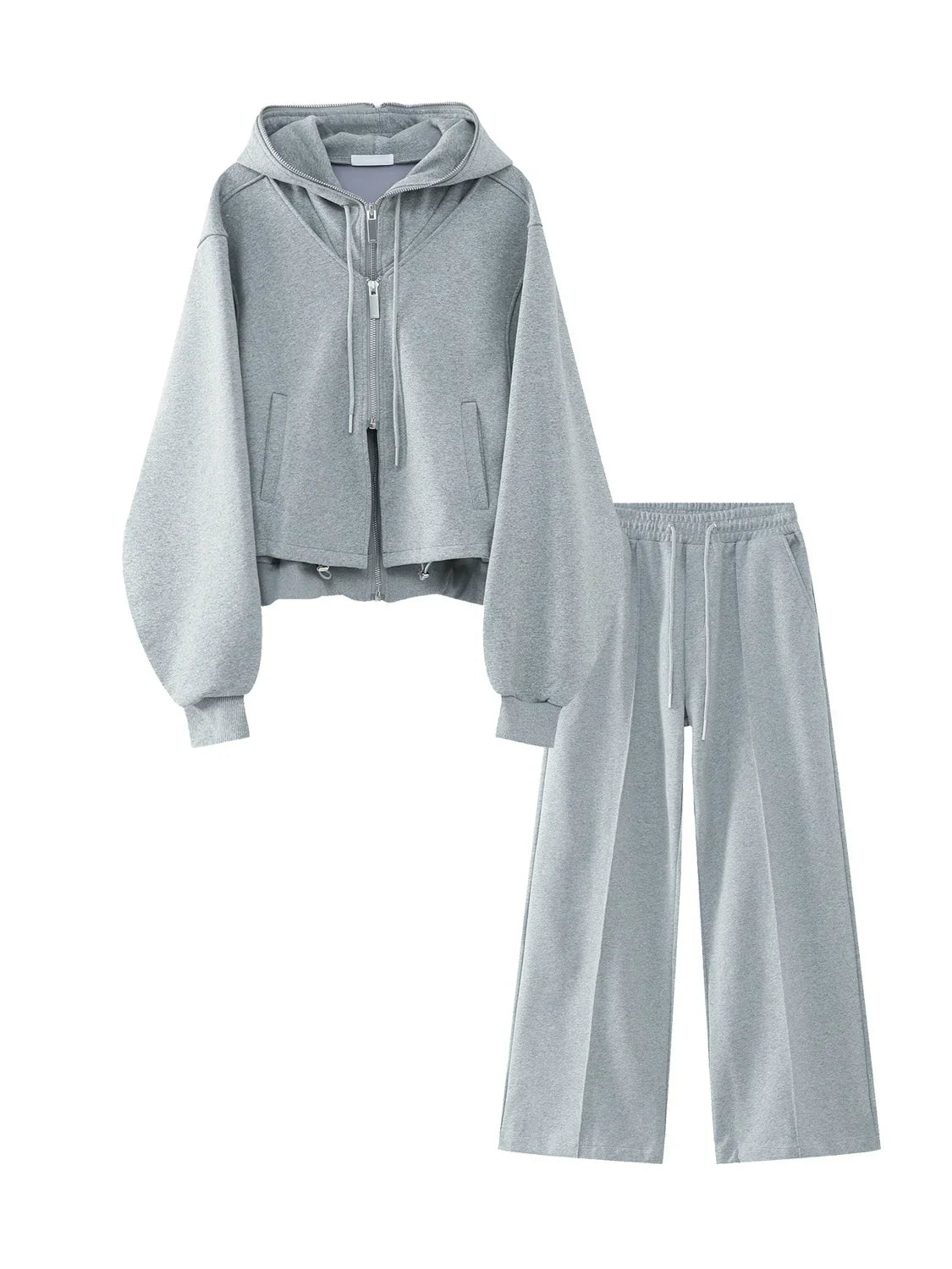 Fake Layered Short Zipper Hoodie & Tuck-in Wide-Leg Sweatpants Setup
