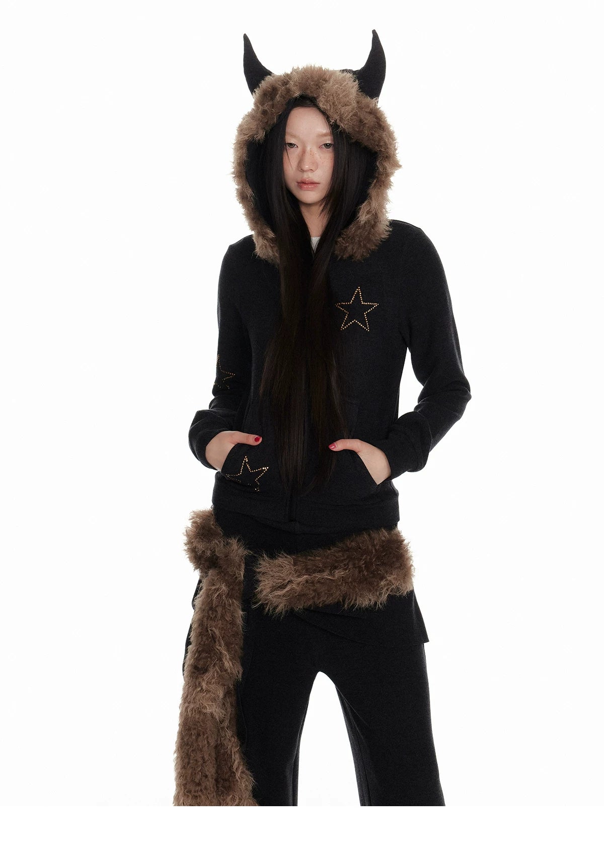 Horn Fur Collar Fuzzy Zipper Hoodie & Wide-Leg Pants Setup