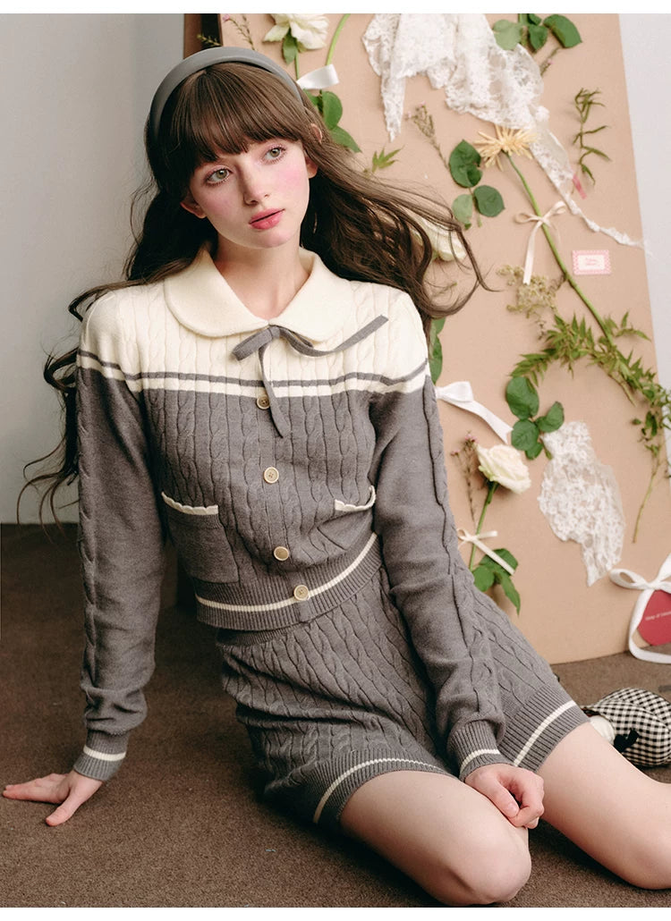 Bow Round Collar Knit Cardigan & Knit Short Skirt Setup