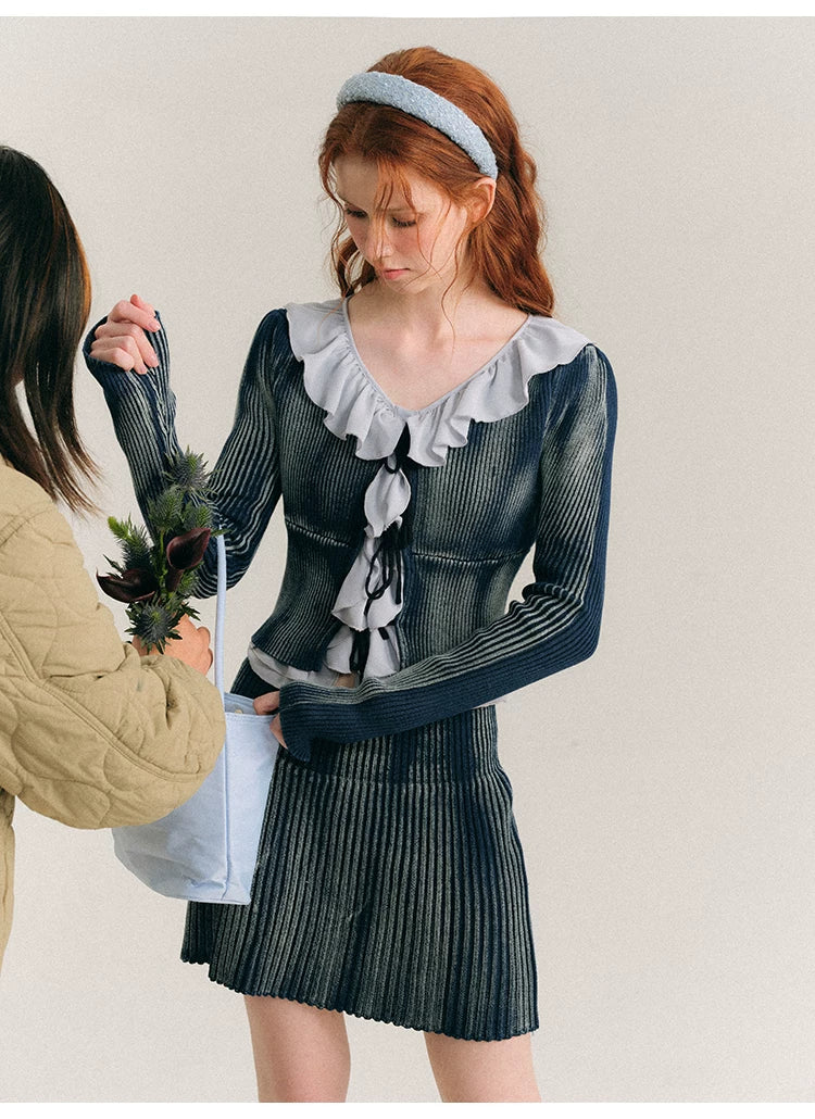 Frill Knit Cardigan & Short Rib Knit Skirt Setup