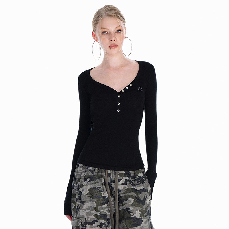 Button Babes long sleeve V-neck T-shirt