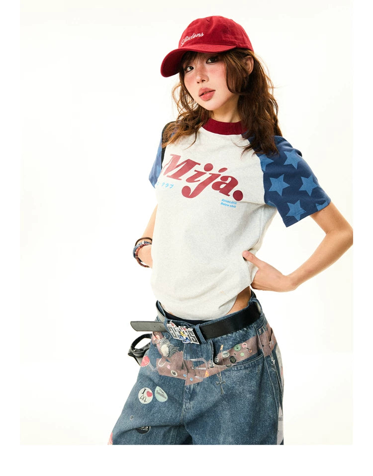 Raglan Sleeve Letter Print Fitted Short Sleeve T-Shirt