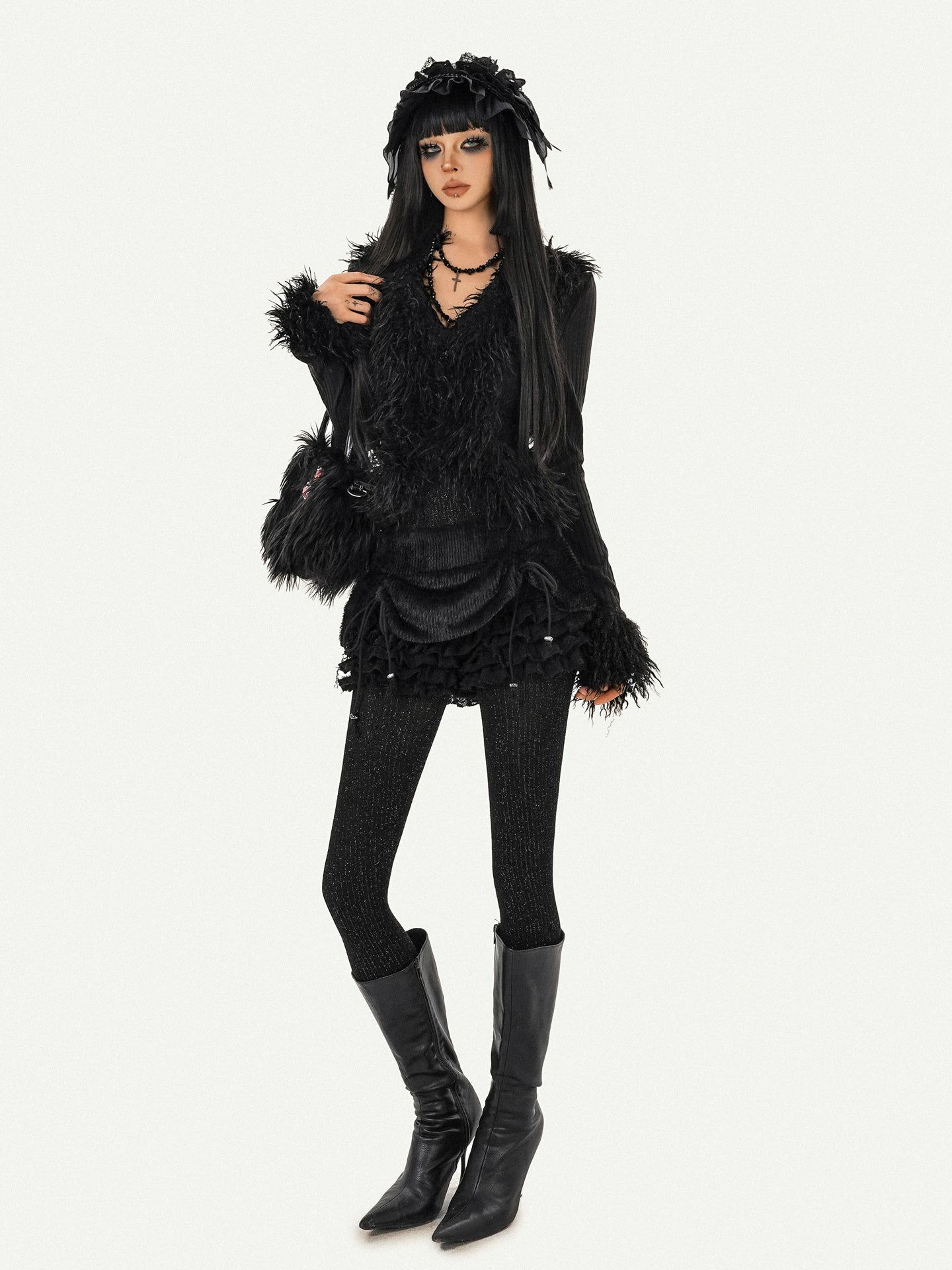 Fur Decor V-Neck Tie Knit Cardigan
