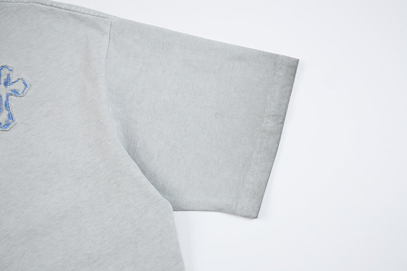 Washed Cross Applique Short Sleeve T-Shirt