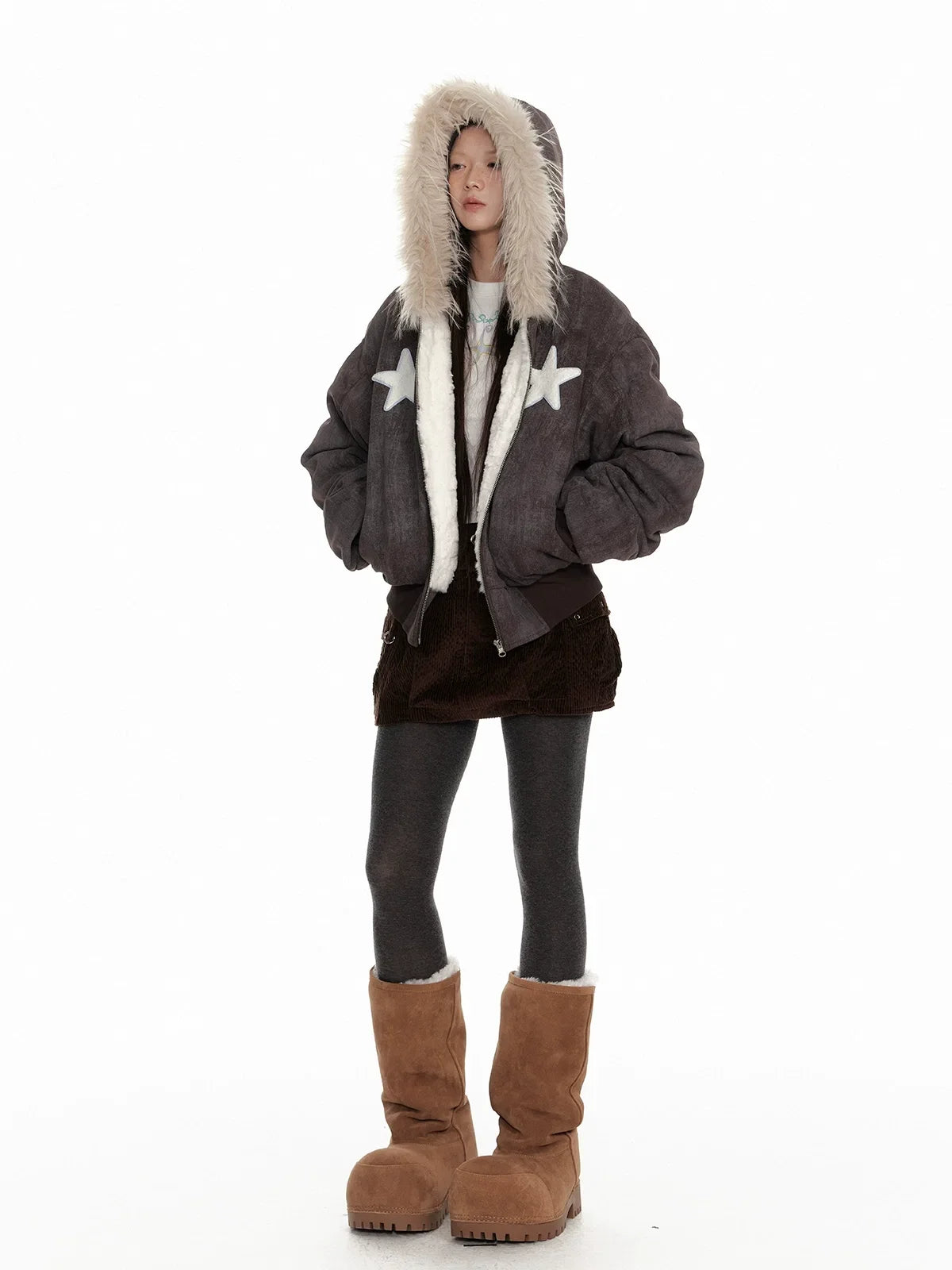 Fur Trim Patchwork Hooded Puffer Jacket
