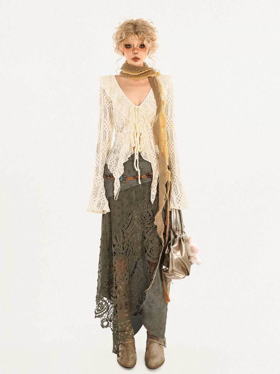 Original Design Heavy Craft Wasteland Knit Patchwork Lace Skirt