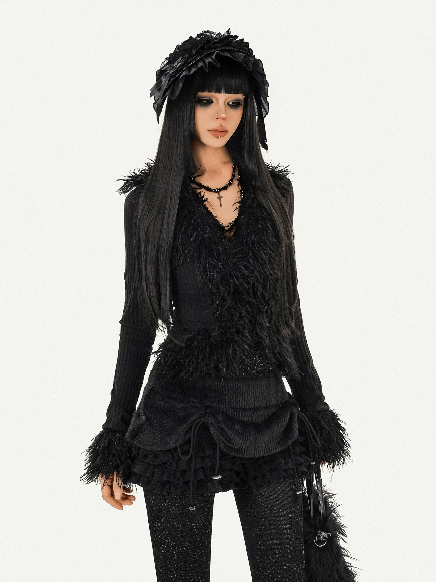 Fur Decor V-Neck Tie Knit Cardigan