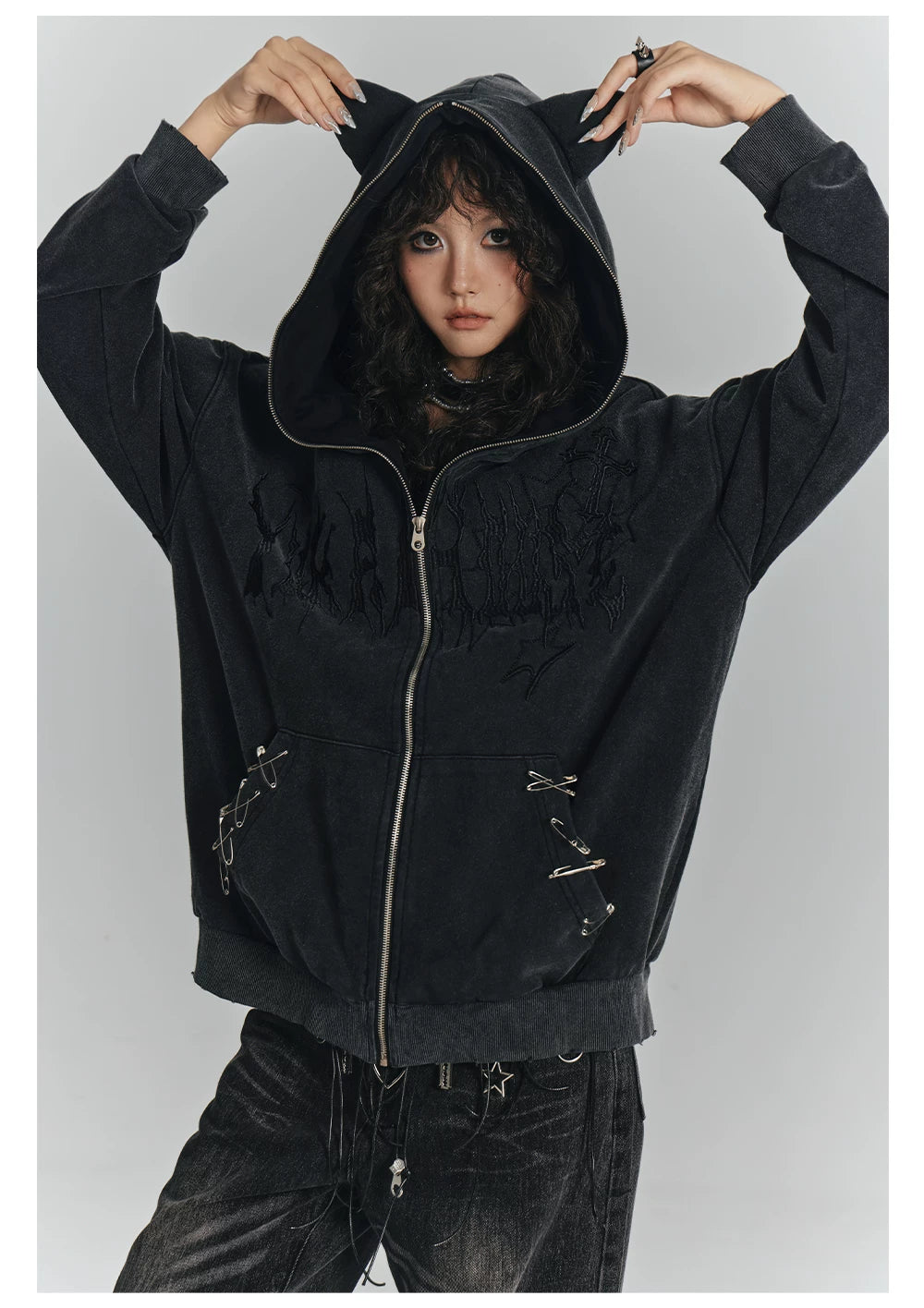 Cat Ear Safety Pin Oversize Zipper Hoodie