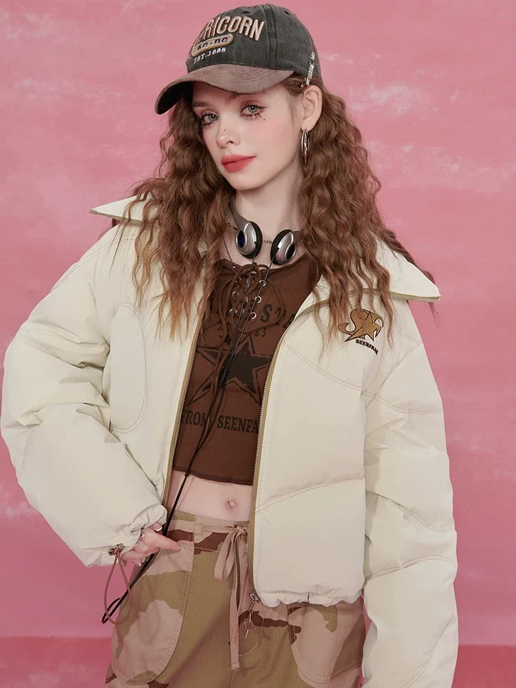 Letter Print High-Neck Short White Duck Down Jacket