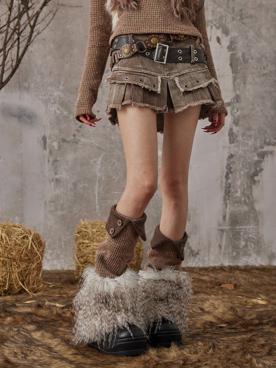 Patchwork Knit Button Fuzzy Leg Warmers