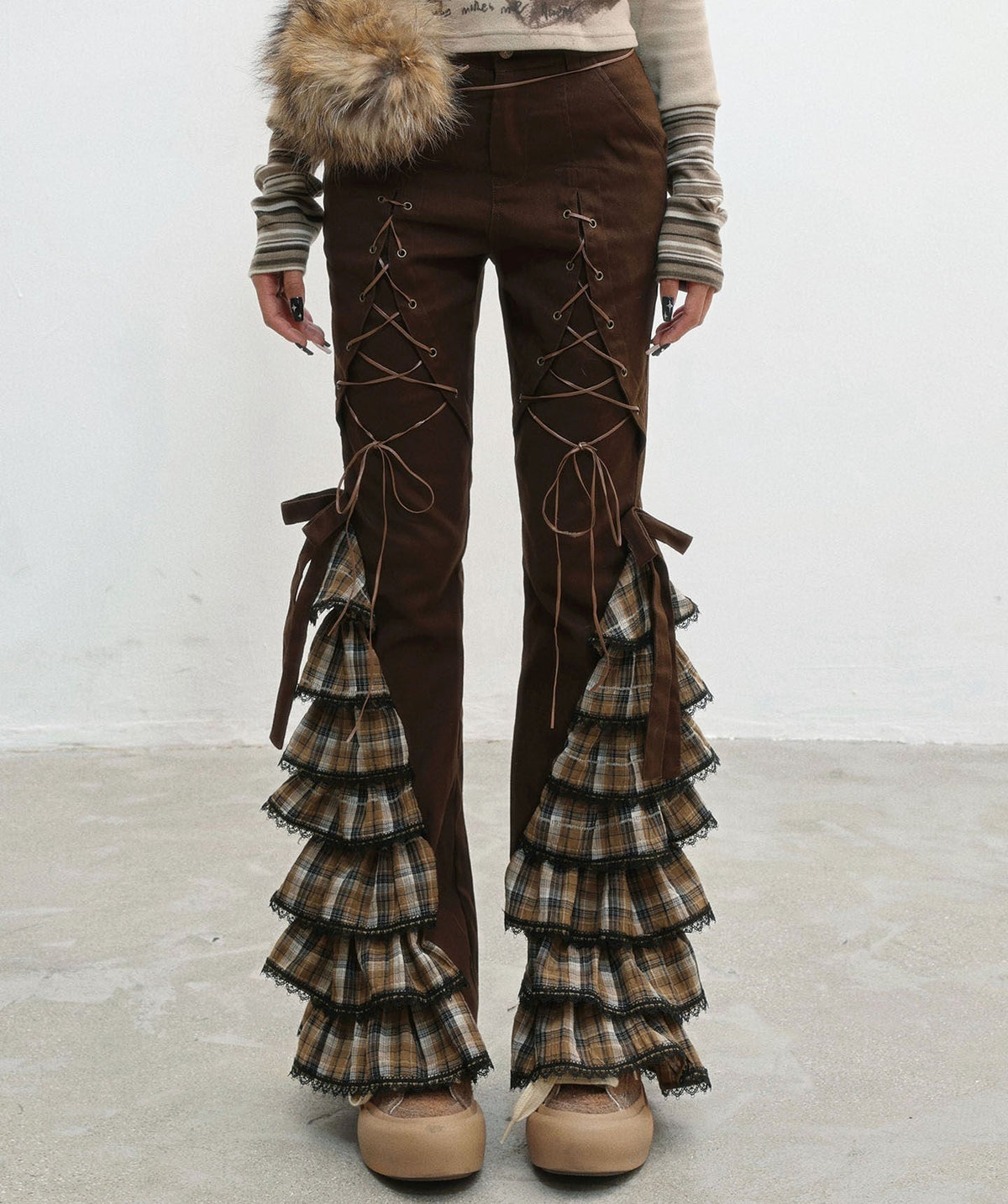 Plaid Lace-Up Ruffle Slimming Pants