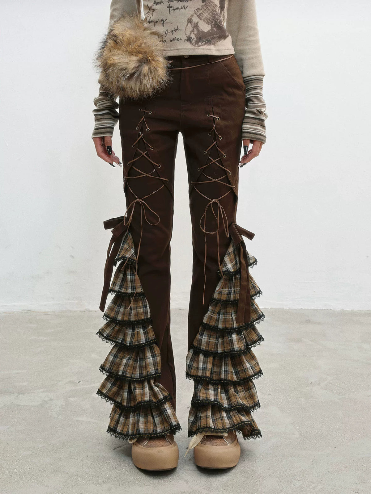 Plaid Lace-Up Ruffle Slimming Pants