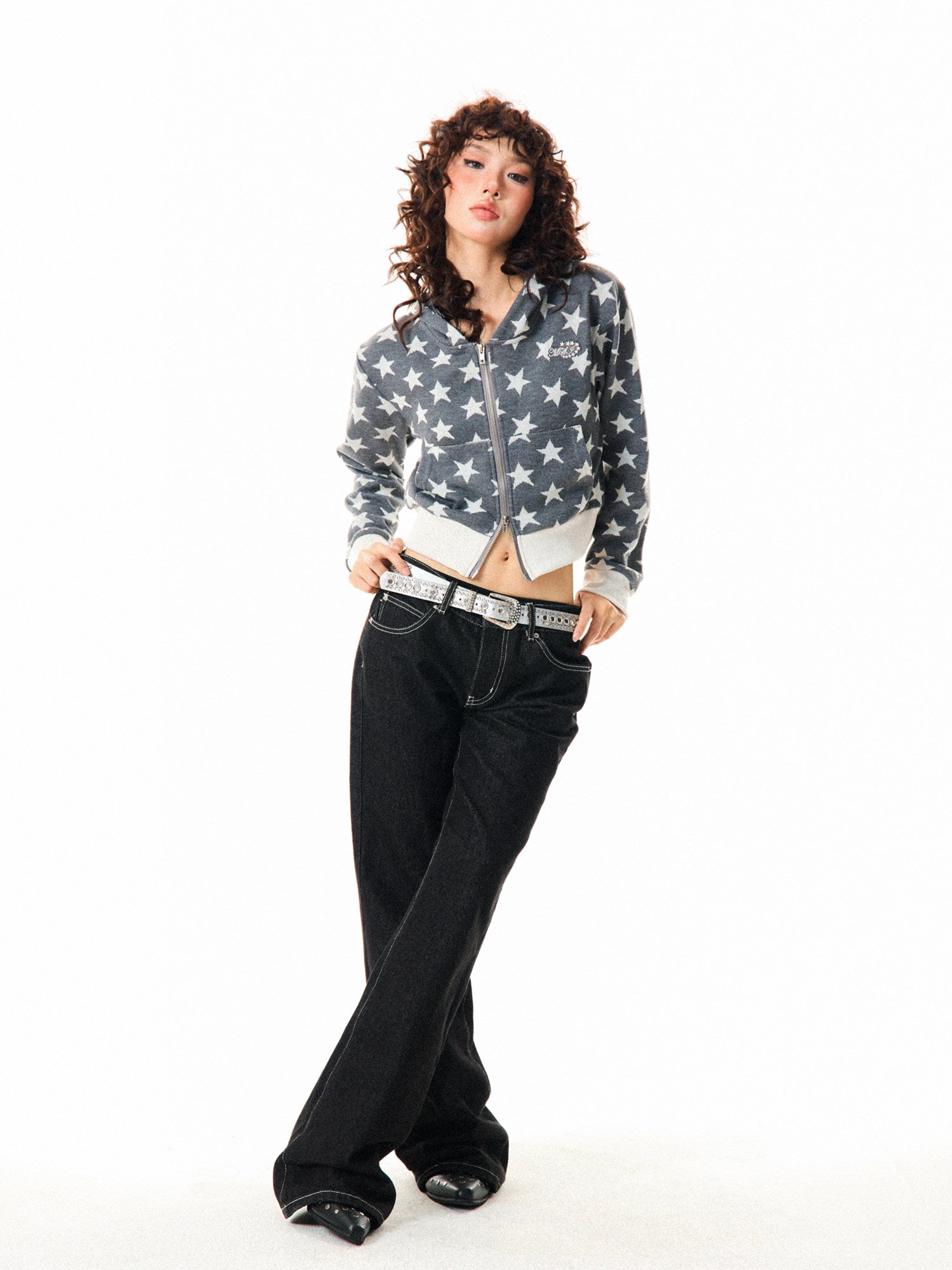 Star Print Cropped Zip-Up Hoodie
