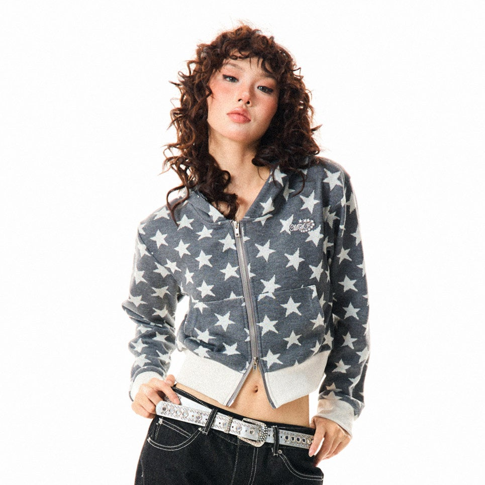 Star Print Cropped Zip-Up Hoodie
