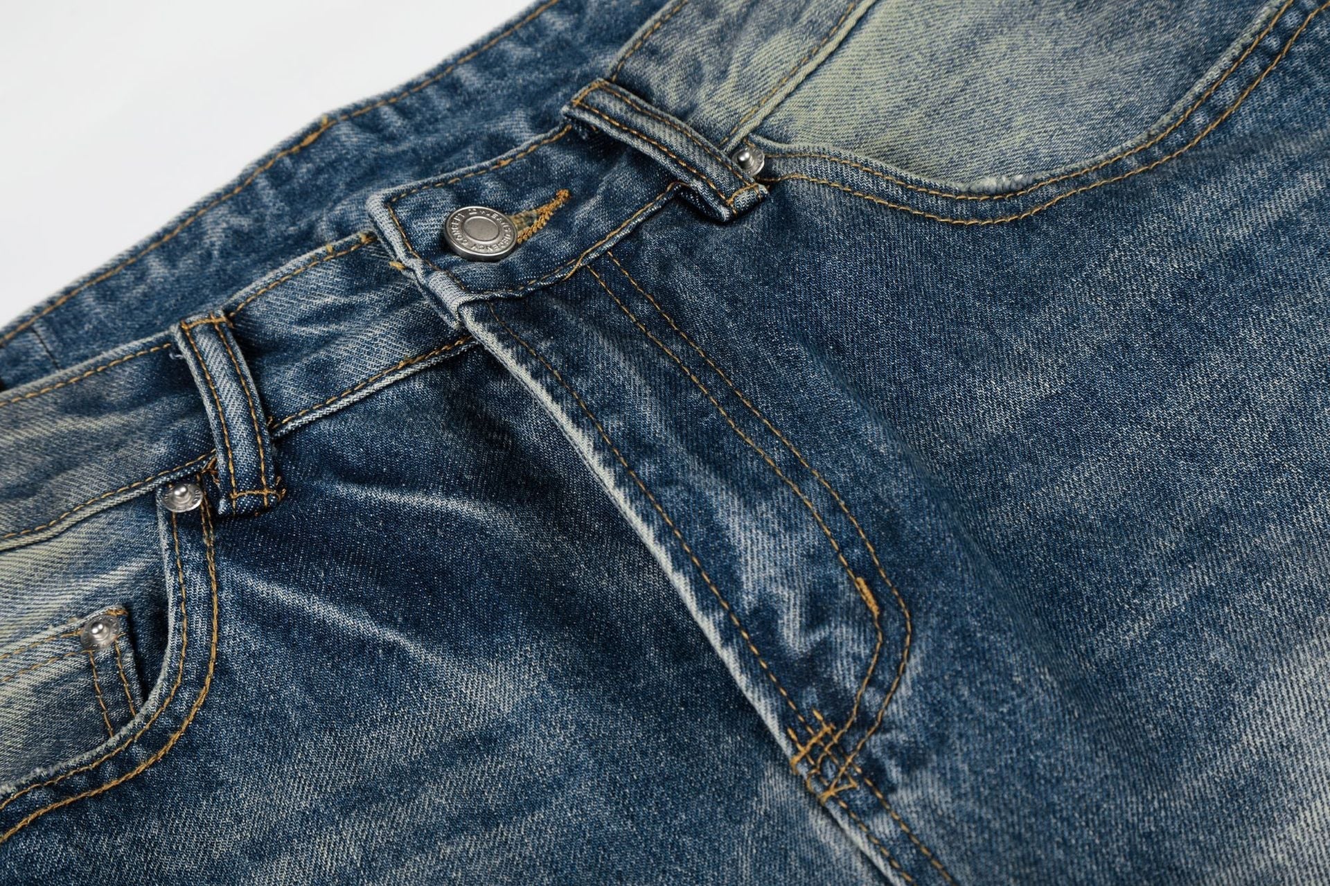 Washed Whisker Damage Wide Leg Denim Jeans