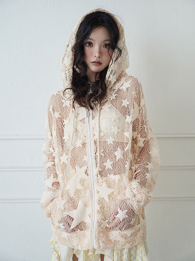 Sheer Mesh Hollow-Out Zipper Hoodie