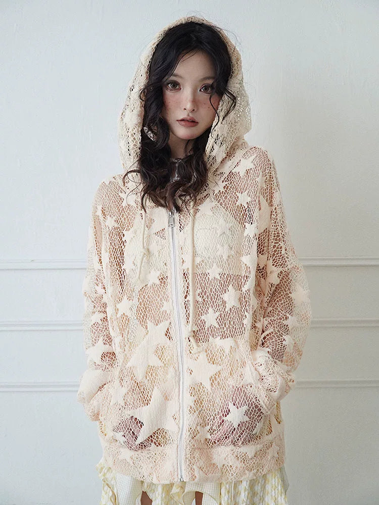 Sheer Mesh Hollow-Out Zipper Hoodie