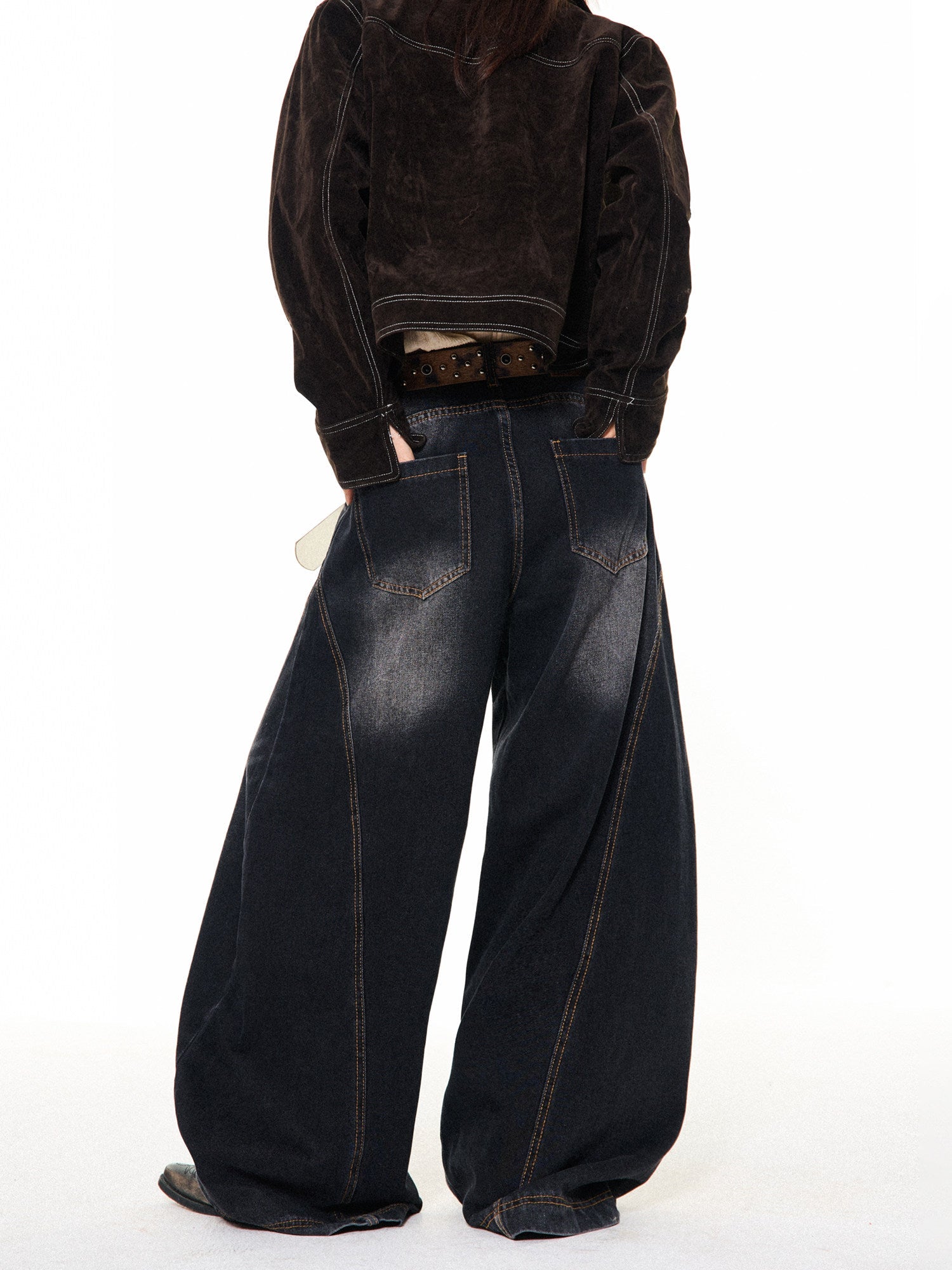 Washed Scratch Detail Wide Leg Denim Jeans