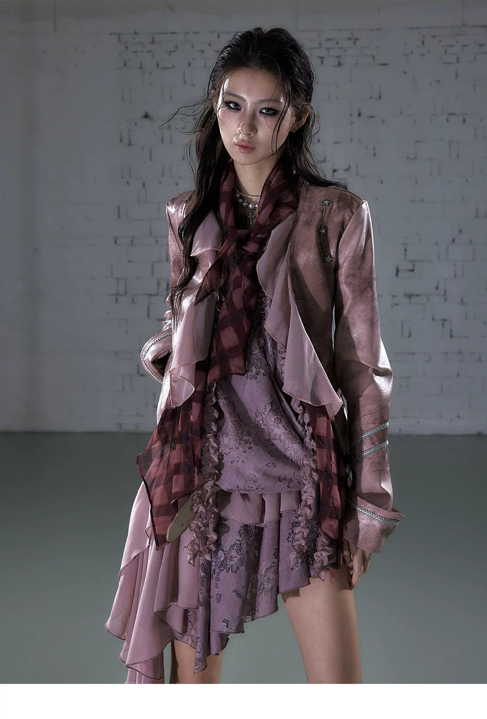 Ruffle Tie-Neck Slim Fit Long Sleeve Shirt