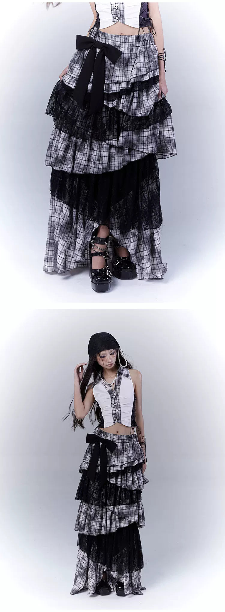 Lace Plaid Tiered Asymmetric Skirt