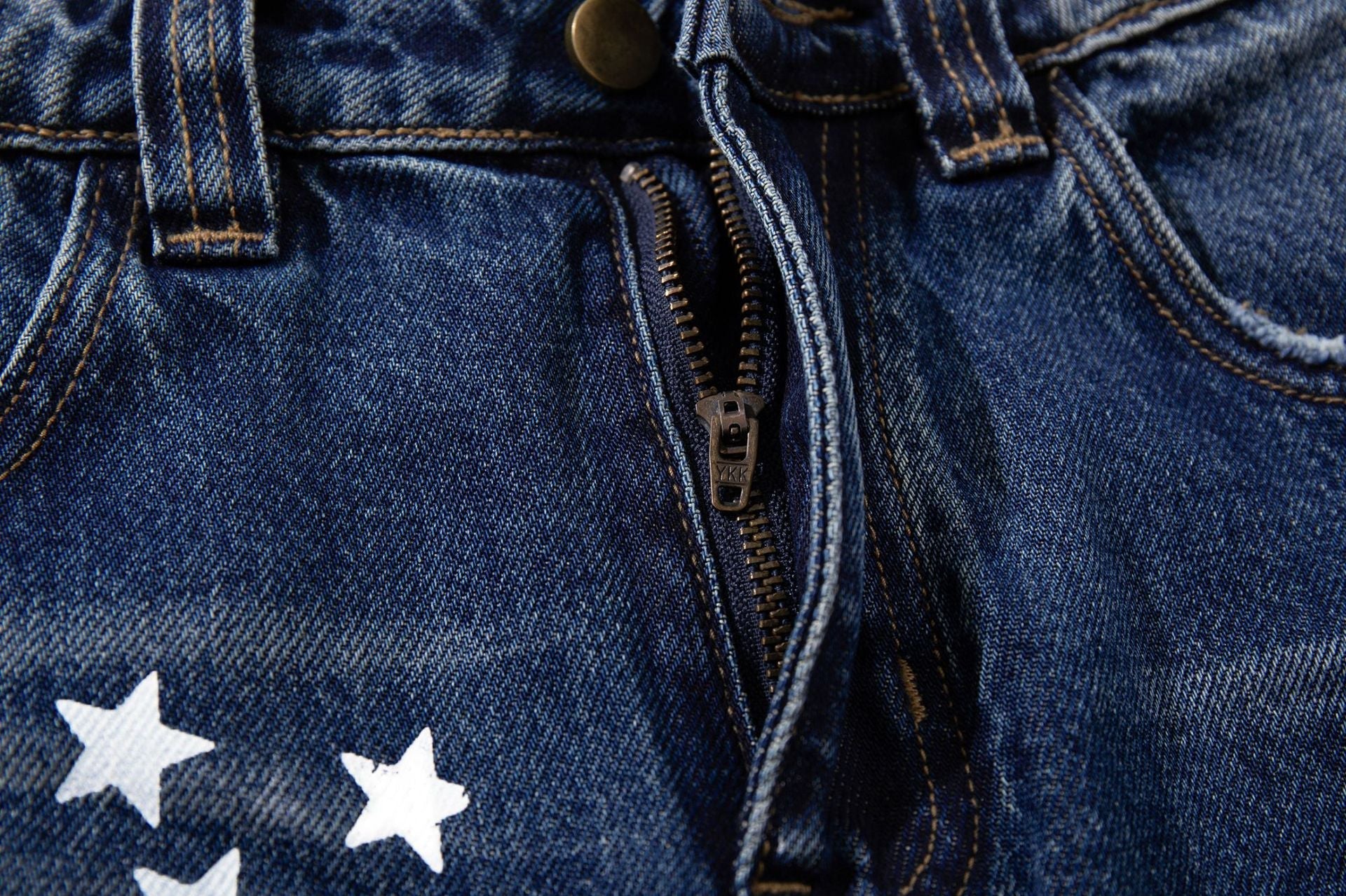 Star Print Curved Wide Leg Denim Jeans